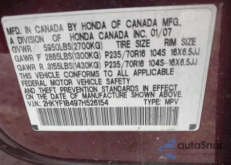 2007 Honda Pilot Ex z USA, uszkodzony, nr VIN 2HKYF18497H526154